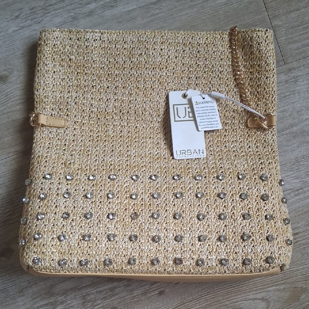 Urban Outfitters Beige Woven Shoulder Bag with Rhinestone Trim
